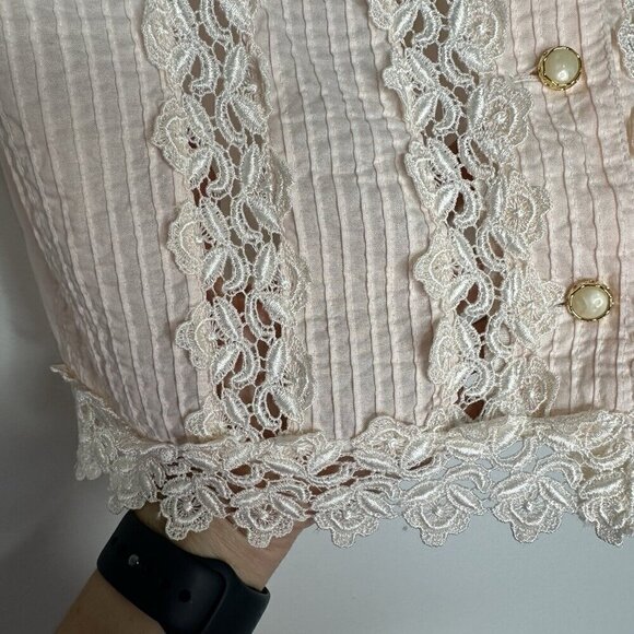 Ben Ma Shien Pink Lace Pintuck Shirt Blouse Button up S M Retro Tuxedo - Picture 7 of 13